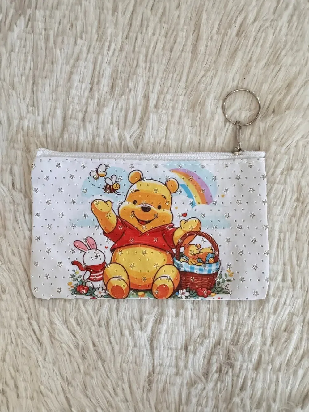 Winnie the Pooh keychain pouch with Winnie the Pooh, Rabbit, and a rainbow